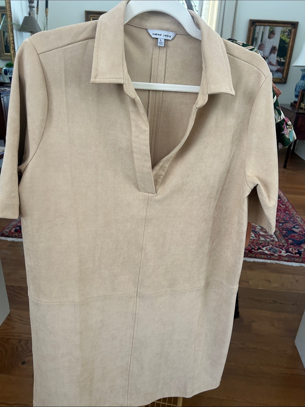 Naked Zebra Beige Collared V-Neck Short Sleeve Tunic faux suede